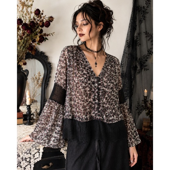 Forever 21 Contemporary Tops - Forever 21 Blouse‎ Floral Bell Sheer Sleeve Black Small Boho Crochet Lace Top